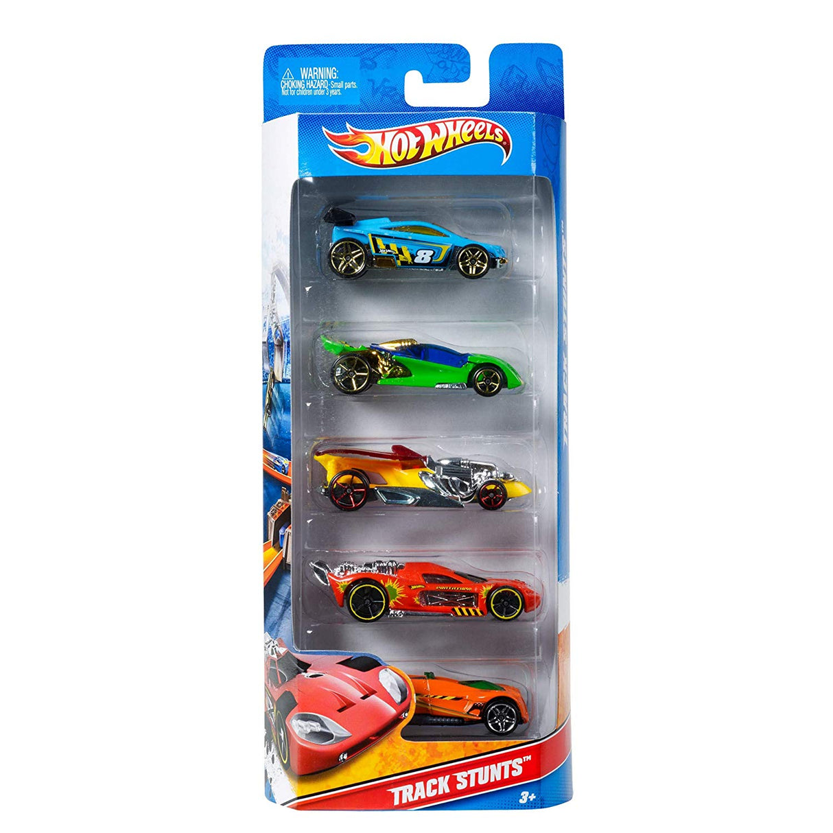 Hot Wheels 5pk featuring five colorful die-cast cars in a track stunts themed collection for ages 3 and up.