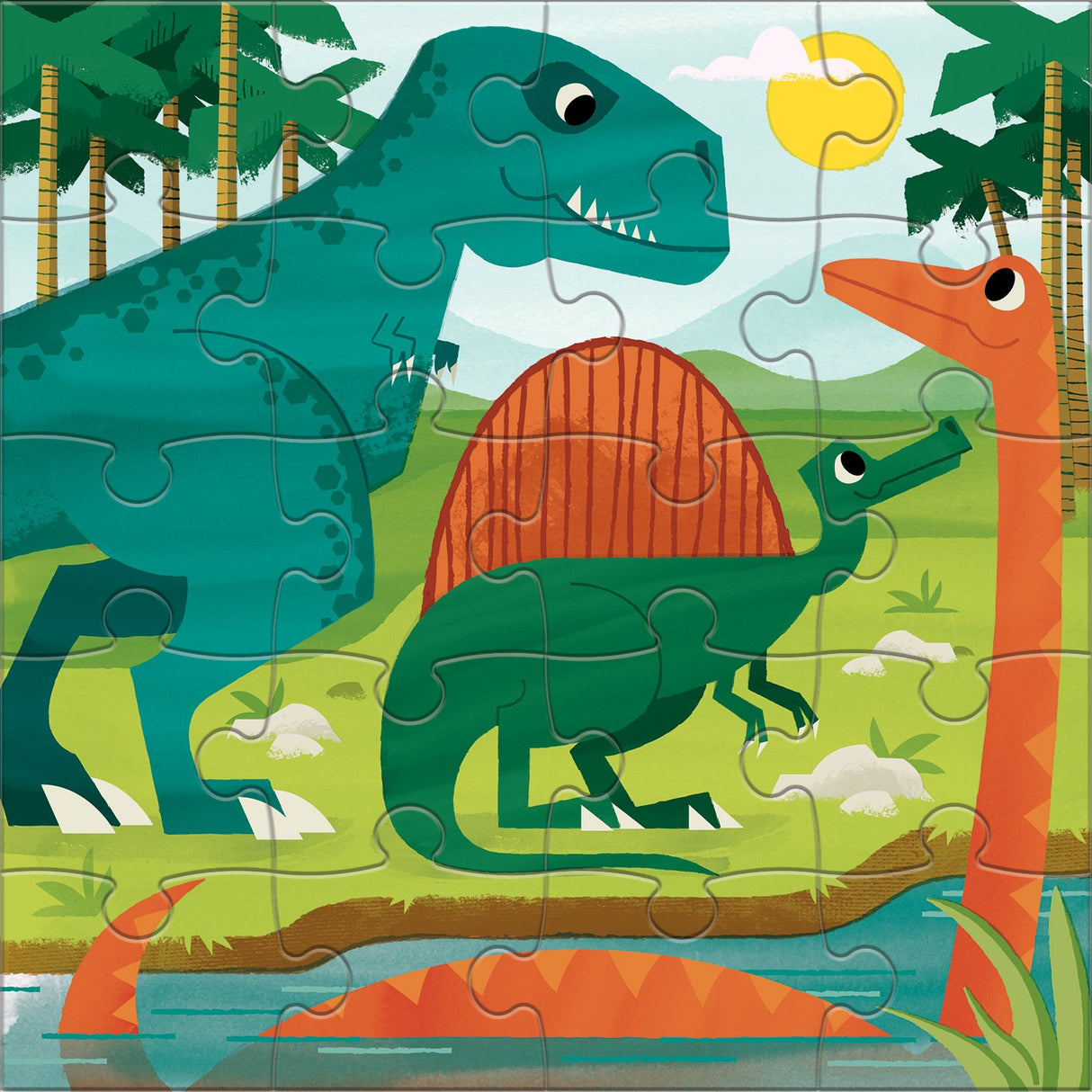 20pc Mighty Dino Magnetic Puzzle featuring colorful dinosaur characters in a prehistoric landscape with trees and hills.