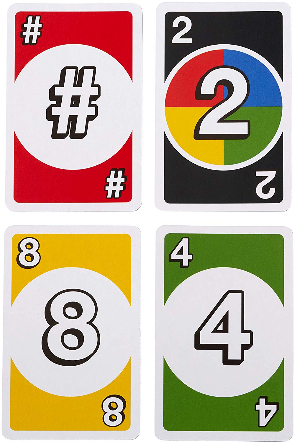 Four colorful UNO DOS cards displaying special and numbered cards in red, black, yellow, and green colors.