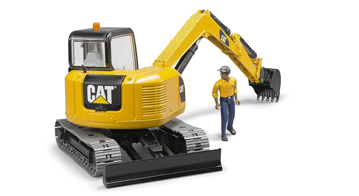 Cat Mini Excavator with Worker featuring a yellow tracked excavator and a construction worker figure in a cap.