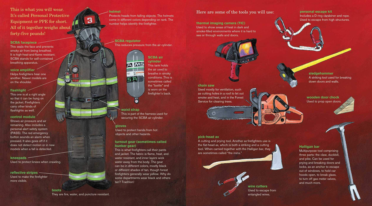 Image of the Firefighter's Handbook showing detailed firefighter gear and essential firefighting tools with colorful diagrams.