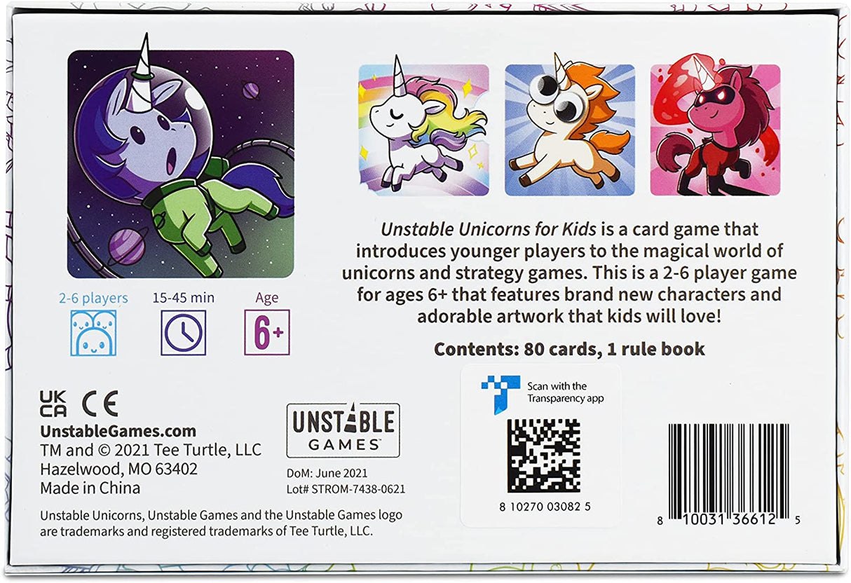 Unstable Unicorns Kids Edition game box showing colorful unicorn characters, 80 cards, and rule book for ages 6+