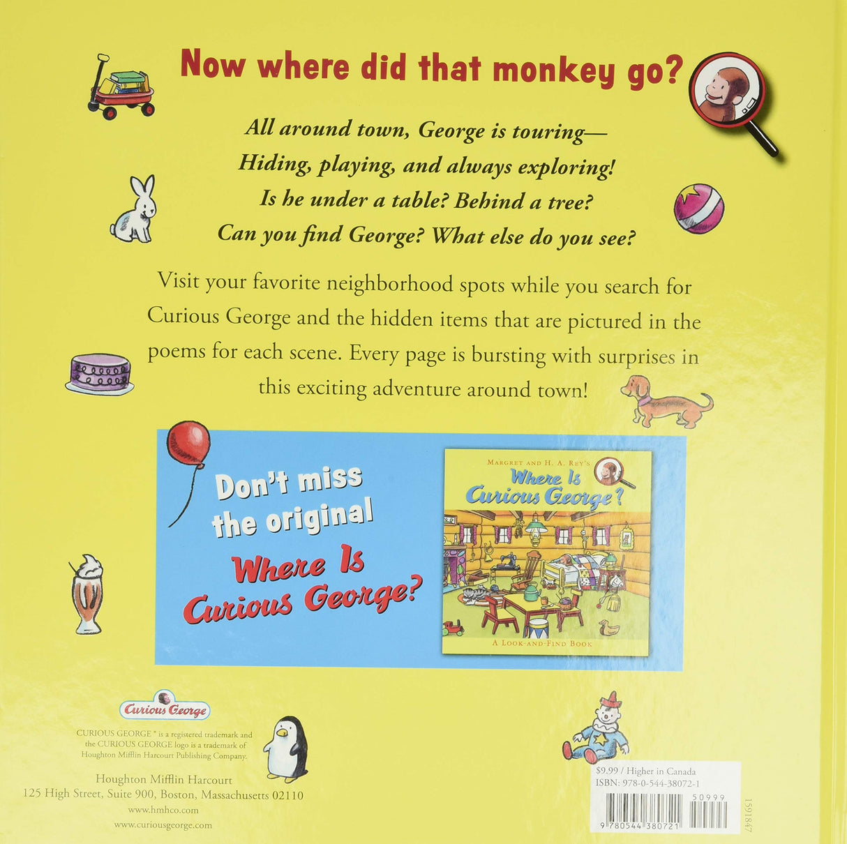 Back cover of Where is Curious George? Look & Find Around the Town with poem and colorful neighborhood illustrations.