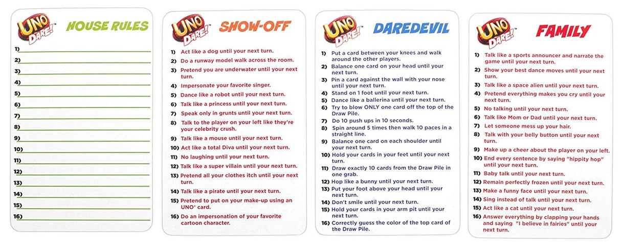 UNO Dare game instruction cards showing House Rules and Dare categories Family, Show-Off, and Daredevil for players ages 7 and up.