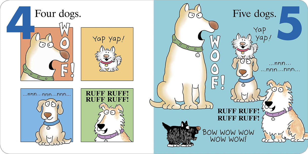 Doggies board book pages showing illustrated dogs counting from four to five with playful "woof" and "yap" sounds.