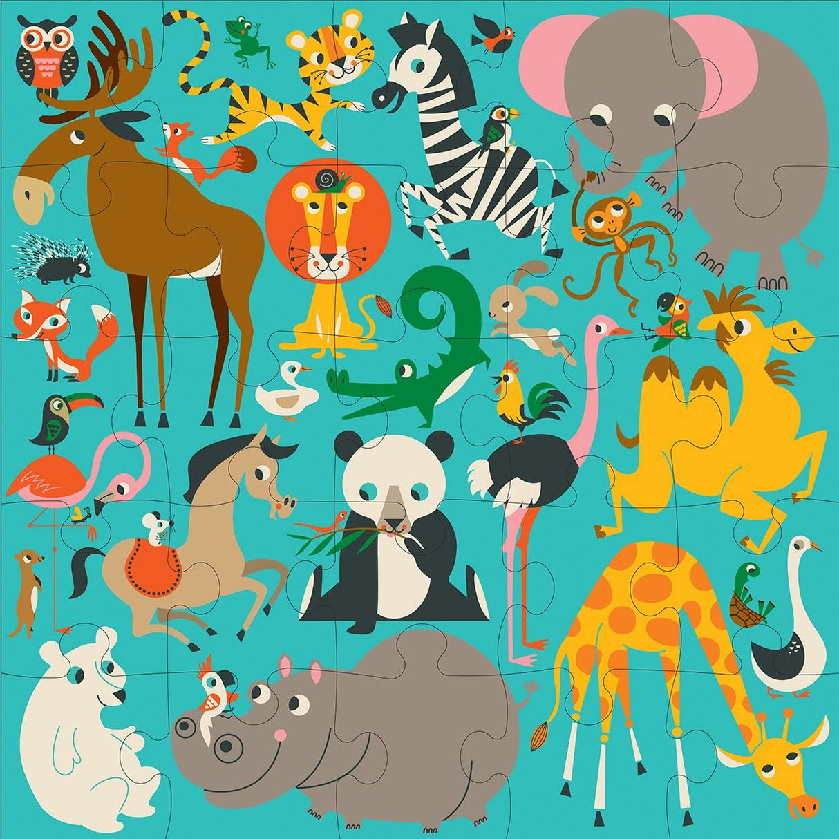 25pc World Animals Jumbo Puzzle featuring colorful illustrated animals like giraffe, zebra, elephant, panda, and lion on blue background.
