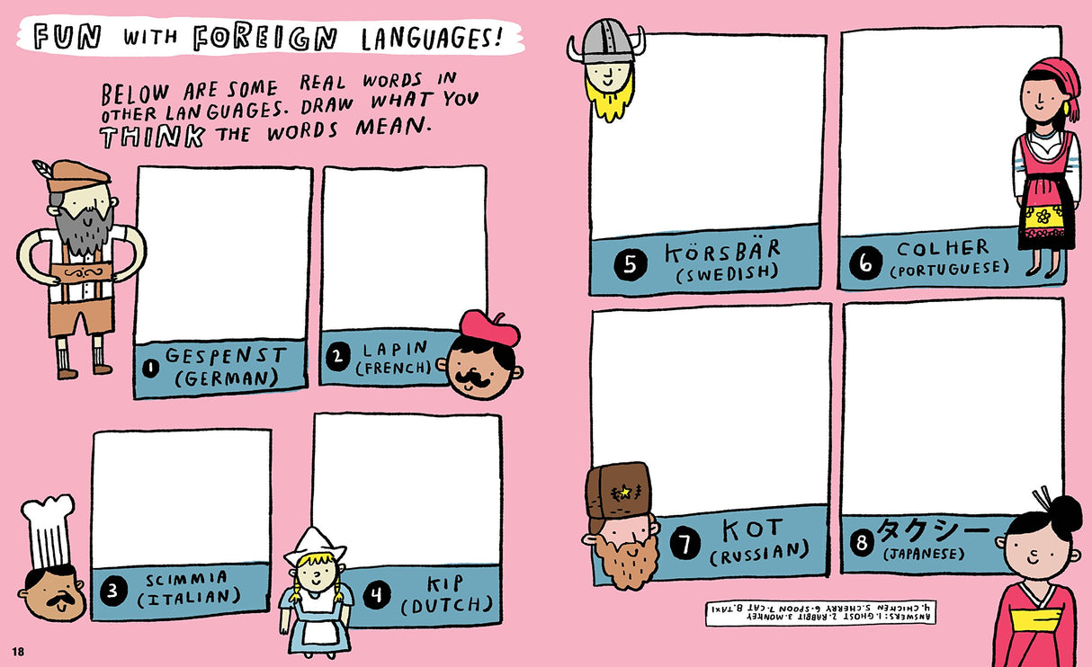Kids' Awesome Activity Book page featuring a foreign languages drawing game with characters in colorful costumes.