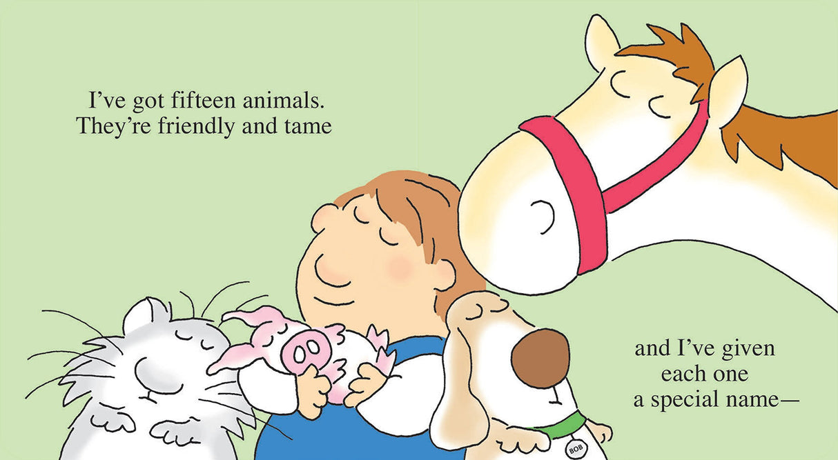 Illustration from Fifteen Animals showing a boy with various friendly animals, including a cat, pig, dog, and horse.