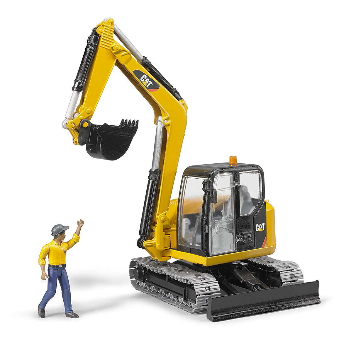 Cat Mini Excavator with Worker toy model featuring rotating cab, movable arm, and detailed construction worker figure.