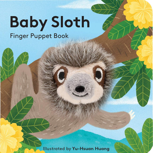 Baby Sloth with Finger Puppet showing a smiling sloth puppet on a colorful illustrated tree background.