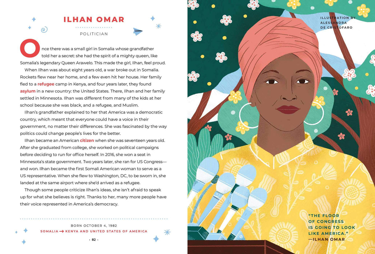 Good Night Stories for Rebel Girls: 100 Immigrant Women Who Changed the World featuring Ilhan Omar's inspiring story and portrait.