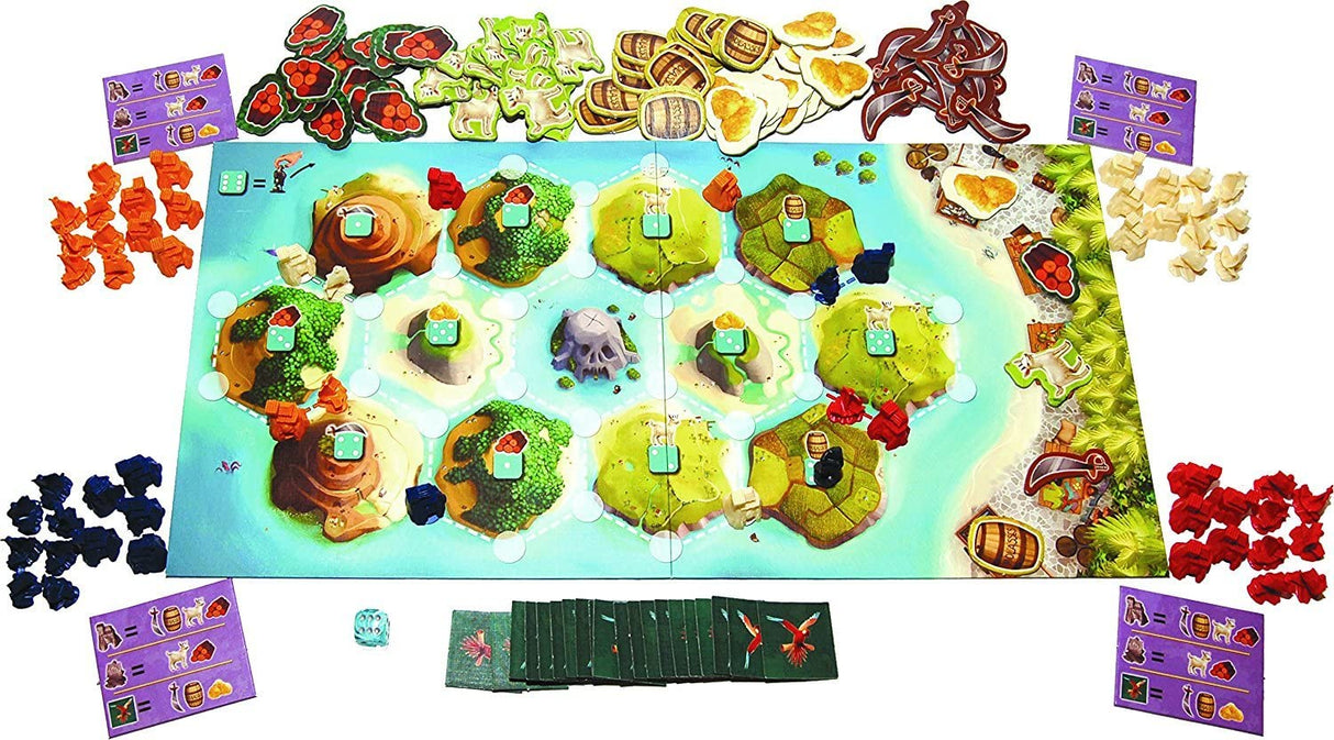 Catan Jr. board game laid out with colorful pirate hideouts, ships, resource tokens, cards, and a game die for ages 5 and up.