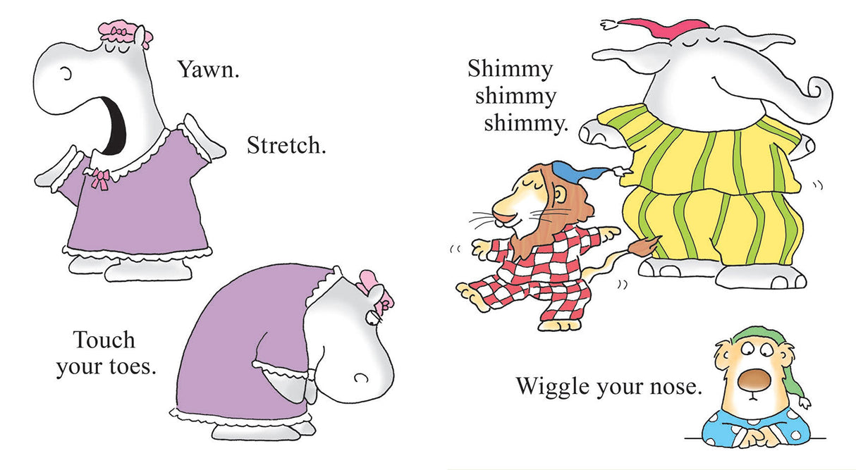 Illustration from Hey, Wake Up! showing cute animals yawning, stretching, and wiggling their noses in colorful pajamas.