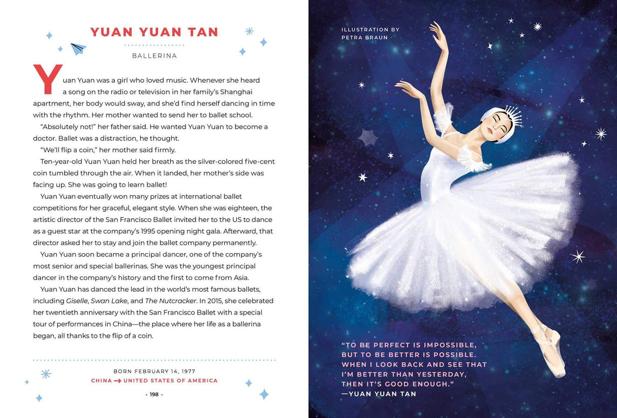 Book "Good Night Stories for Rebel Girls: 100 Immigrant Women Who Changed the World" featuring ballerina Yuan Yuan Tan illustration.