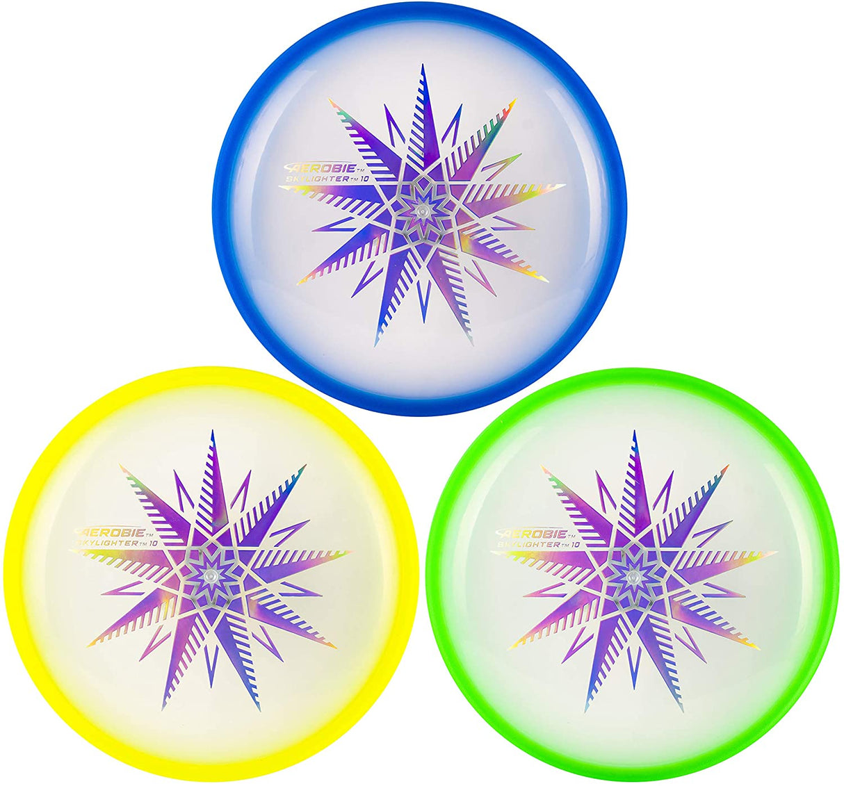 Three colorful Aerobie Skylighter flying discs with star designs and LED-lit edges shown on a white background.