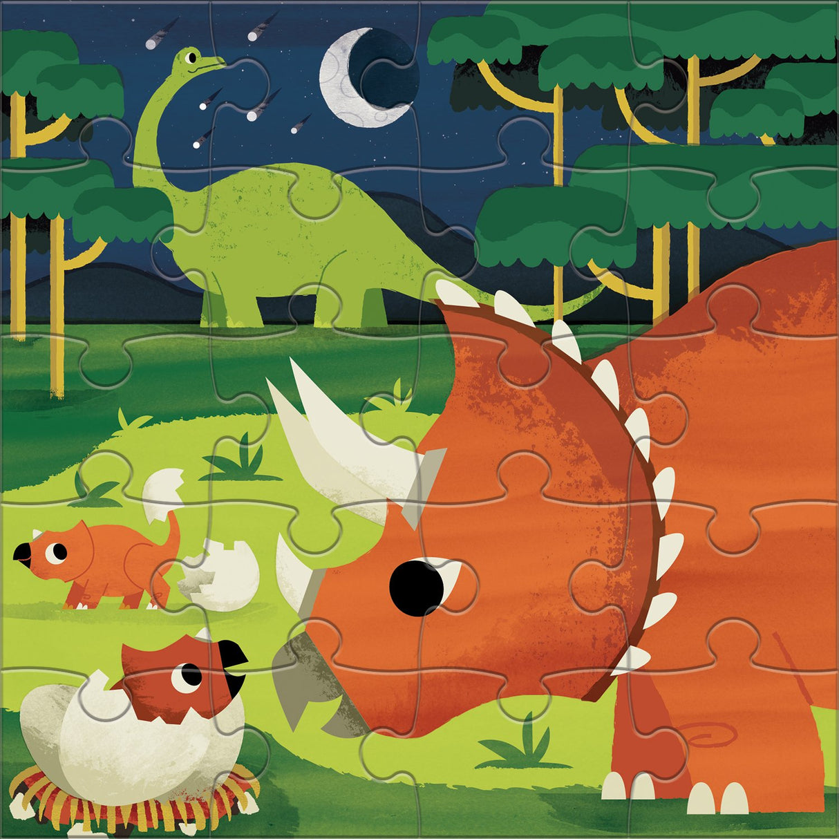 20pc Mighty Dino Magnetic Puzzle showing colorful dinosaur characters in a forest at night with puzzle piece outlines.