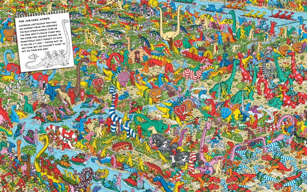 Where's Waldo Incredible Paper Chase vibrant jungle scene filled with colorful animals and hidden characters.