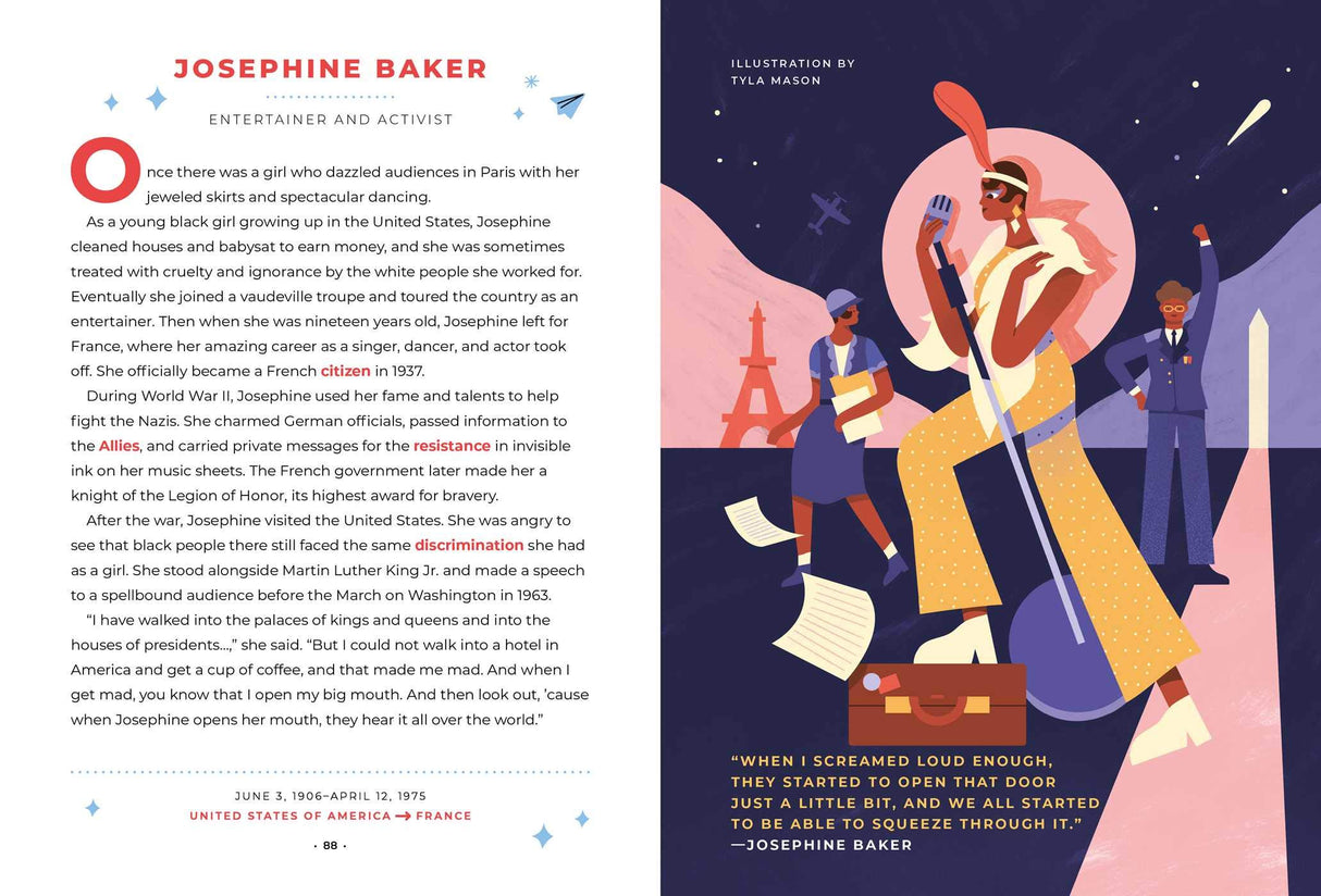 Good Night Stories for Rebel Girls: 100 Immigrant Women Who Changed the World book featuring Josephine Baker story and illustration.