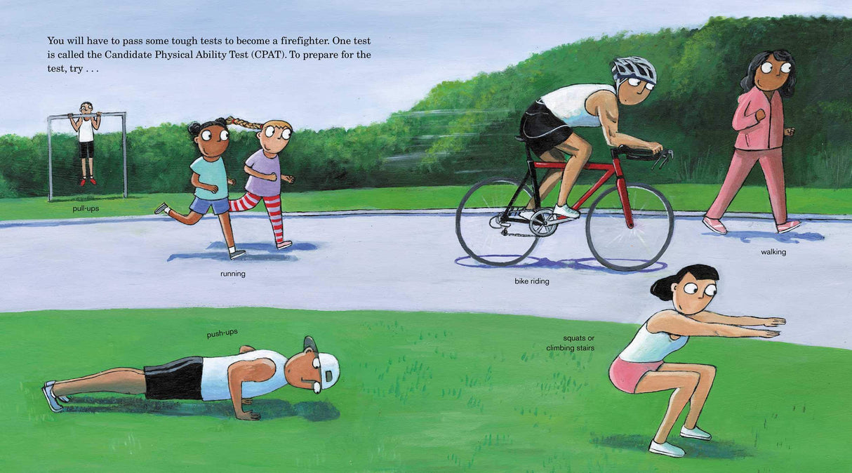 Firefighter's Handbook illustration showing diverse characters running, biking, walking, doing push-ups, and squats in training.