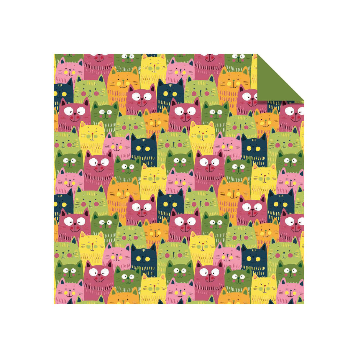 Origami Paper Cat Patterns sheet with colorful, playful cat illustrations and coordinating reverse colors for creative origami projects.