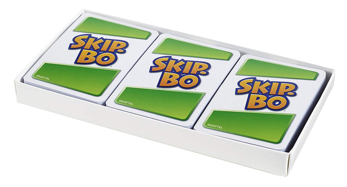 Skip-Bo card game set showing three decks of colorful Skip-Bo cards in a white tray for family fun.