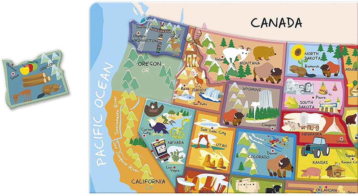USA Magnetic Map wooden puzzle with 48 pieces showing states, capitals, landmarks on a magnetic board for kids.