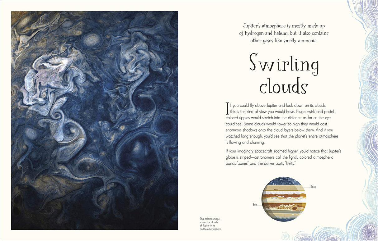 Mysteries of the Universe book open to swirling clouds on Jupiter’s atmosphere with detailed illustration and text.