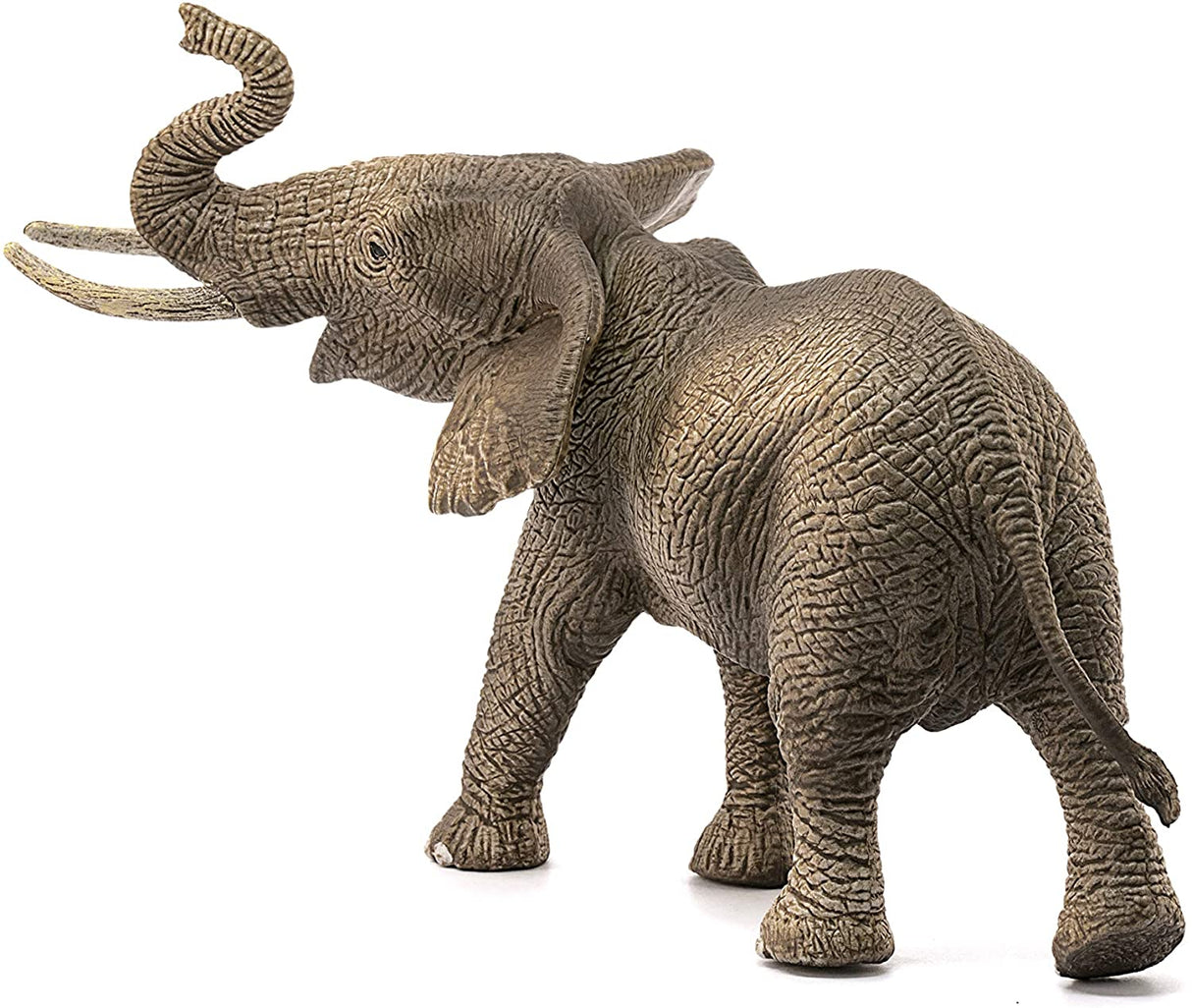 Elephant African Male figurine showing detailed texture and raised trunk, realistic model of an adult African elephant bull.