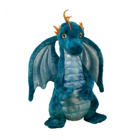 Dragon Zander plush toy in blue with tie dye wings and copper spikes, standing 12 inches tall.