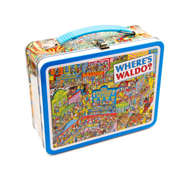 Where's Waldo Tin Fun Box with colorful retro embossed art, metal latch, and collapsible blue handle, perfect for collectible storage.