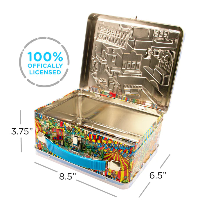Where's Waldo Tin Fun Box open showing embossed lid and colorful collectible metal storage with plastic handle.