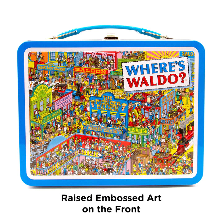 Where's Waldo Tin Fun Box with embossed colorful retro art and blue handle, perfect collectible storage container.