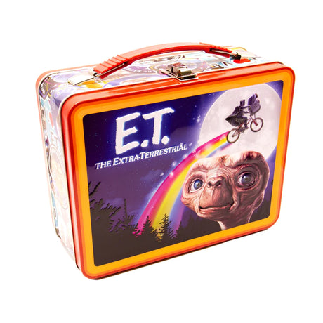 E.T. Tin Fun Box with embossed and flat art, sturdy tin build, metal latch, and collapsible handle for retro collectors.