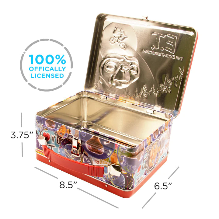 E.T. Tin Fun Box collectible storage container with embossed lid art and retro design, metal latch, and plastic handle.