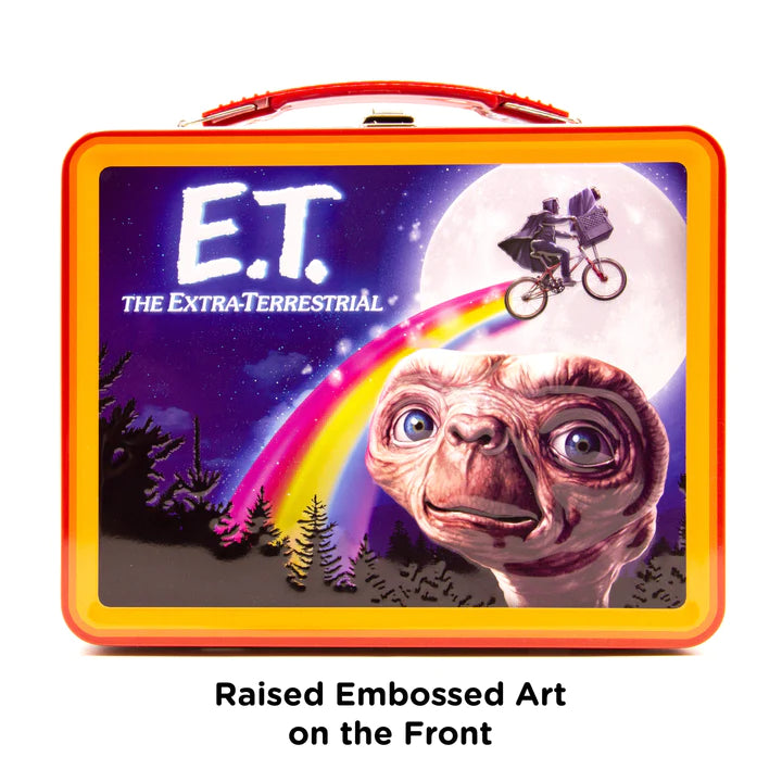 E.T. Tin Fun Box featuring raised embossed art of E.T. and bike silhouette with rainbow against a night sky background.