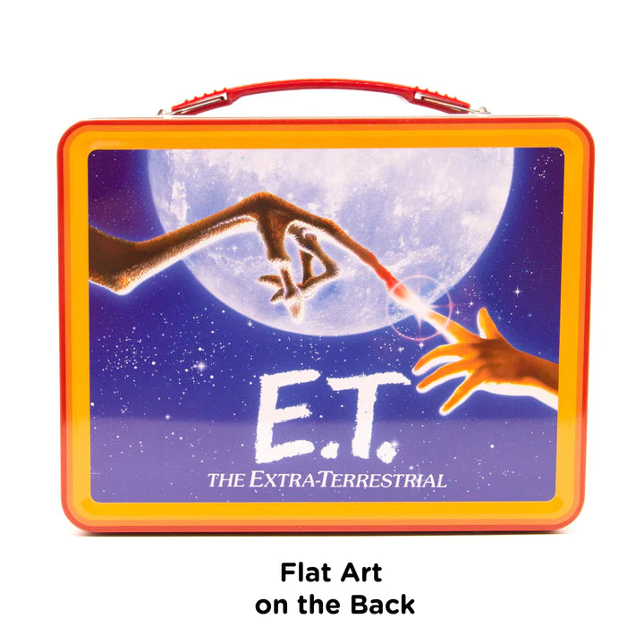 E.T. Tin Fun Box with retro flat art of alien and human hand touching under a full moon on metal lunchbox.