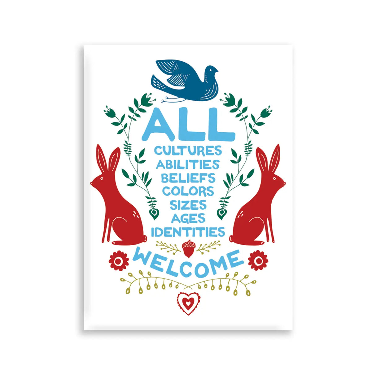 All Welcome Magnet featuring colorful hand-drawn design with inclusive message and decorative animals and plants.