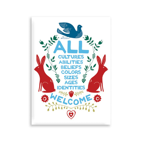 All Welcome Magnet featuring colorful hand-drawn design with inclusive message and decorative animals and plants.