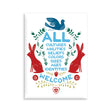 All Welcome Magnet featuring colorful hand-drawn design with inclusive message and decorative animals and plants.