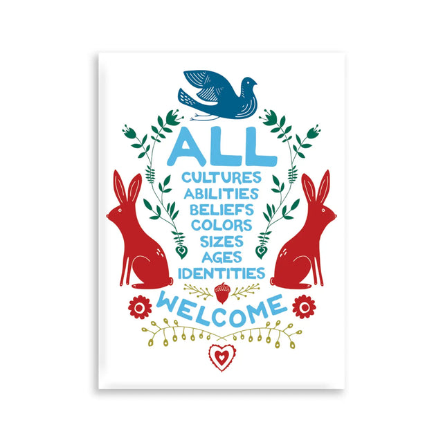 All Welcome Magnet featuring colorful hand-drawn design with inclusive message and decorative animals and plants.