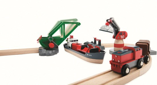 Cargo Harbor Set featuring a container ship, battery-operated train, crane, and harbor play on wooden tracks.