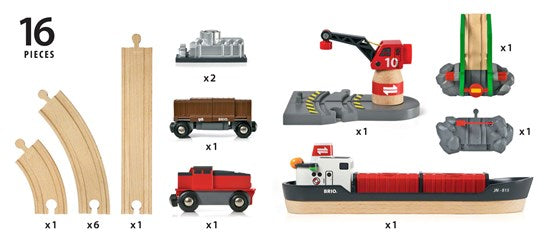 Cargo Harbor Set with 16 pieces including cargo ship, crane, train cars, and tracks for imaginative play.