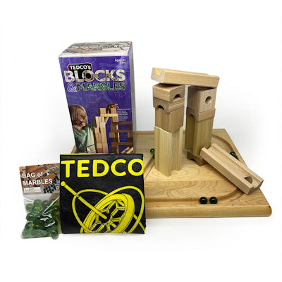 Blocks & Marbles Marble Run set with handcrafted wooden blocks, playboard, marbles, and storage bag for creative building.