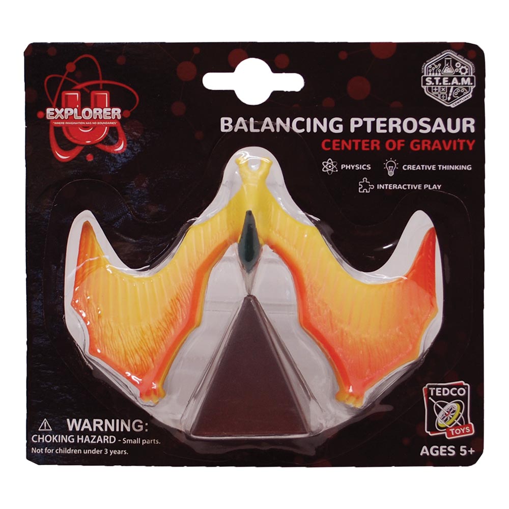Balancing Pterosaur toy balancing on a pyramid stand teaching physics and center of gravity for kids ages 5 and up
