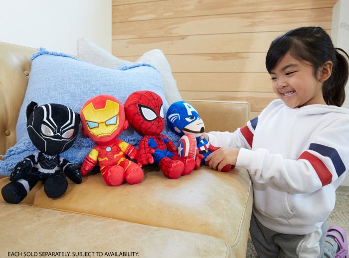 Marvel Plush Character featuring soft, 8-inch tall huggable figures of popular superheroes like Black Panther and Spider-Man.