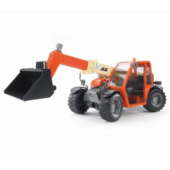 JLG 2505 Telehandler toy with extendable arm, adjustable bucket, four-wheel steering, and detailed controls.