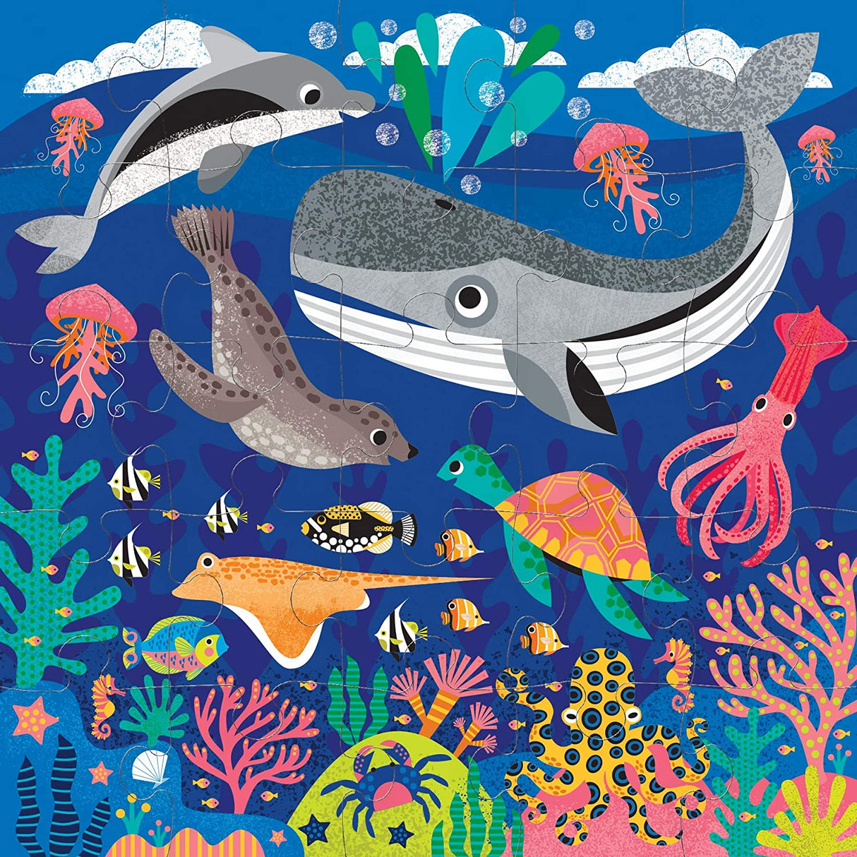 25pc Depths of the Sea Jumbo Puzzle featuring colorful underwater animals like whale, dolphin, turtle, squid, and fish.