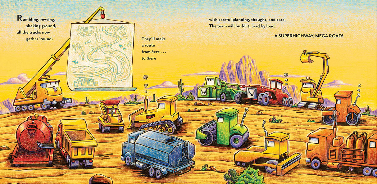 Construction Site: Road Crew Coming Through! shows colorful road-building machines working together to build a new superhighway.