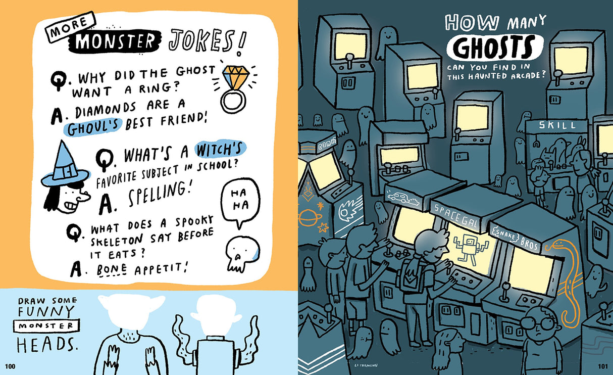 Kids' Awesome Activity Book pages showing monster jokes and a haunted arcade ghost maze game for kids to solve and enjoy.