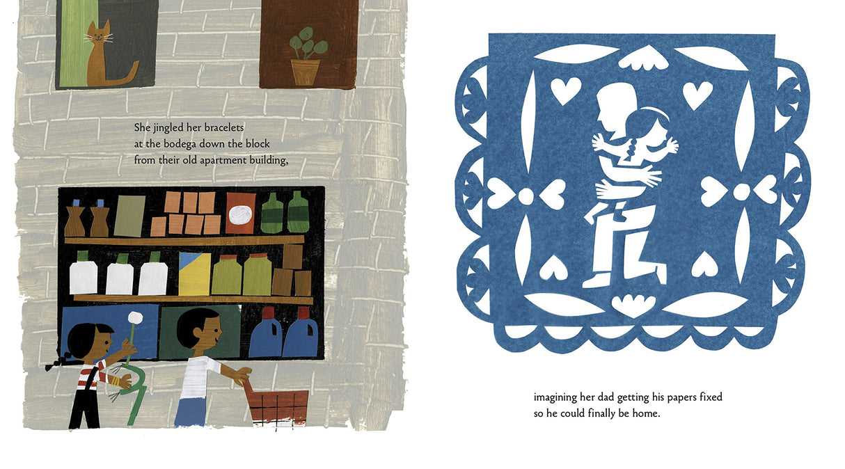 Carmela Full of Wishes shows siblings shopping by a neighborhood store in warm, heartfelt illustrations.